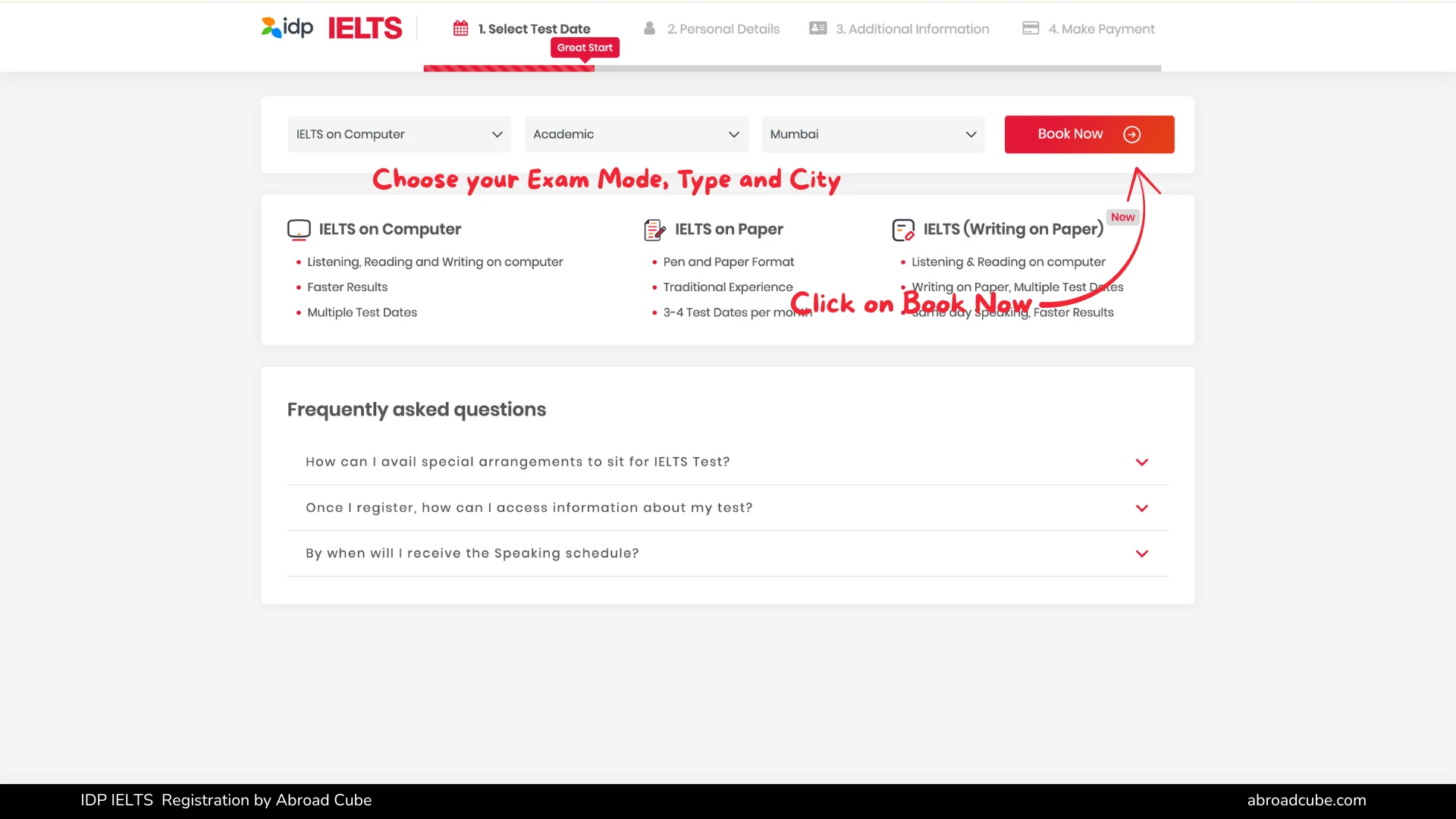 IDP IELTS India registration page opened via Abroad Cube partner link, showing exam mode, exam type, and test centre selection