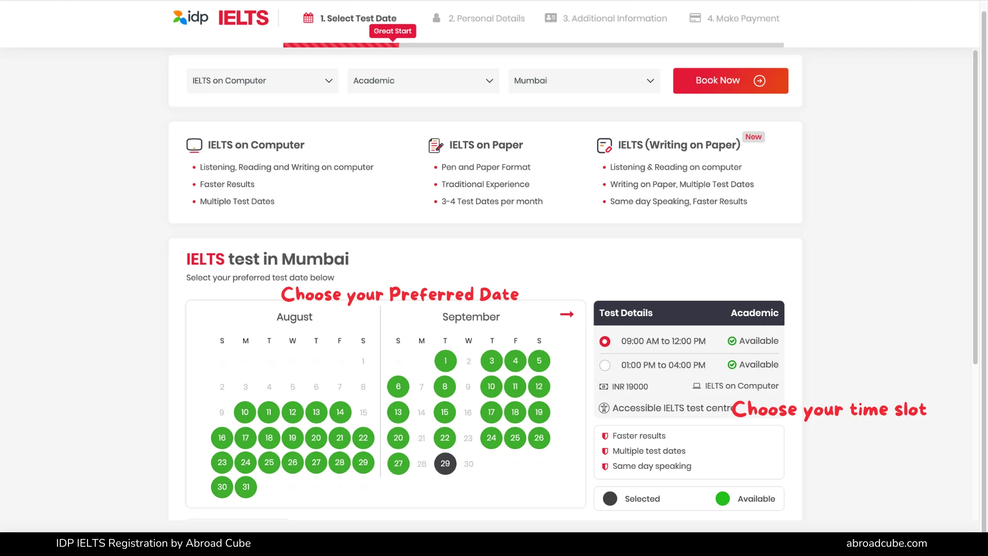 IDP IELTS test centre, date, and time slot selection screen