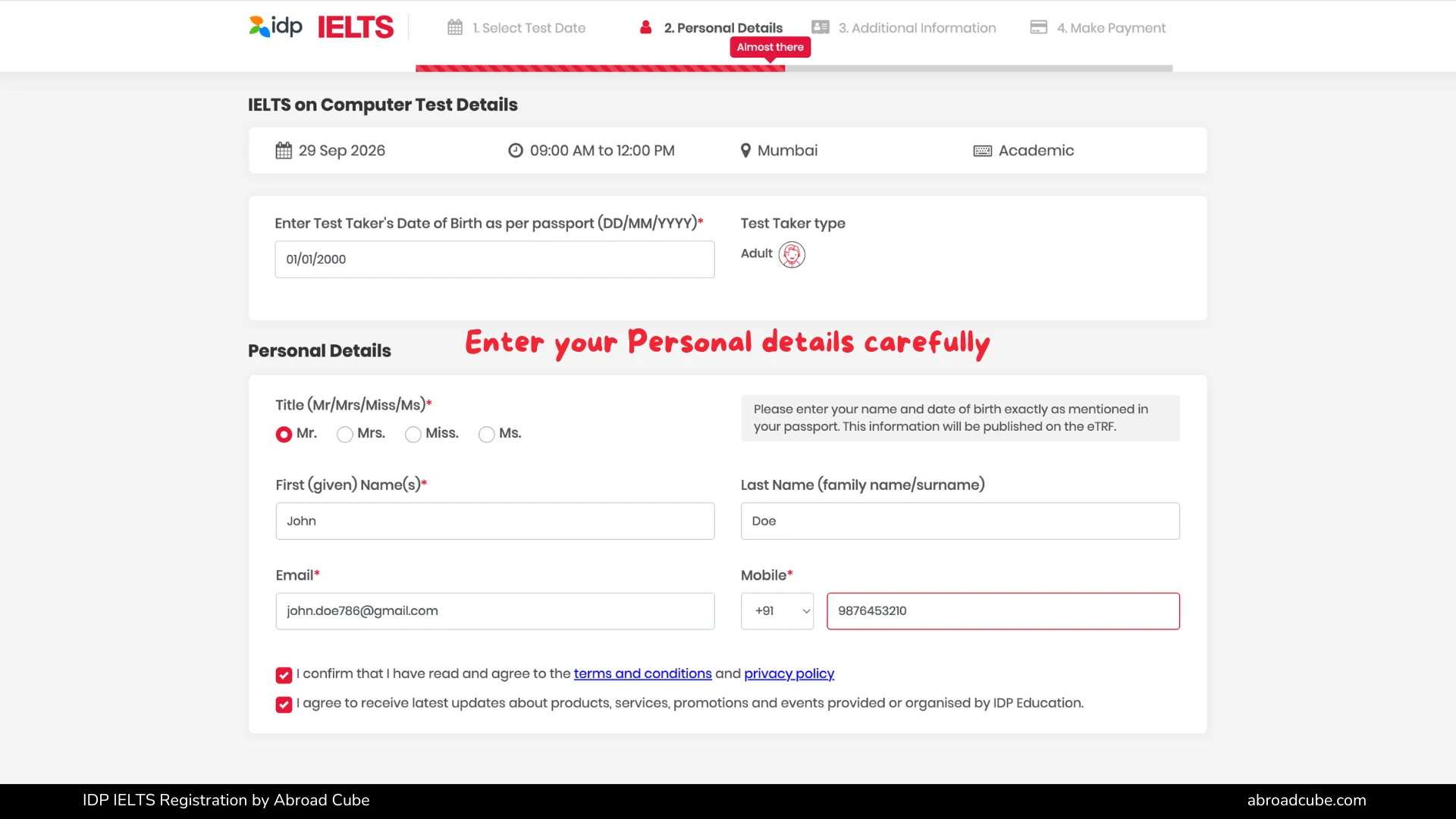 IDP IELTS candidate registration form showing date of birth and personal details fields