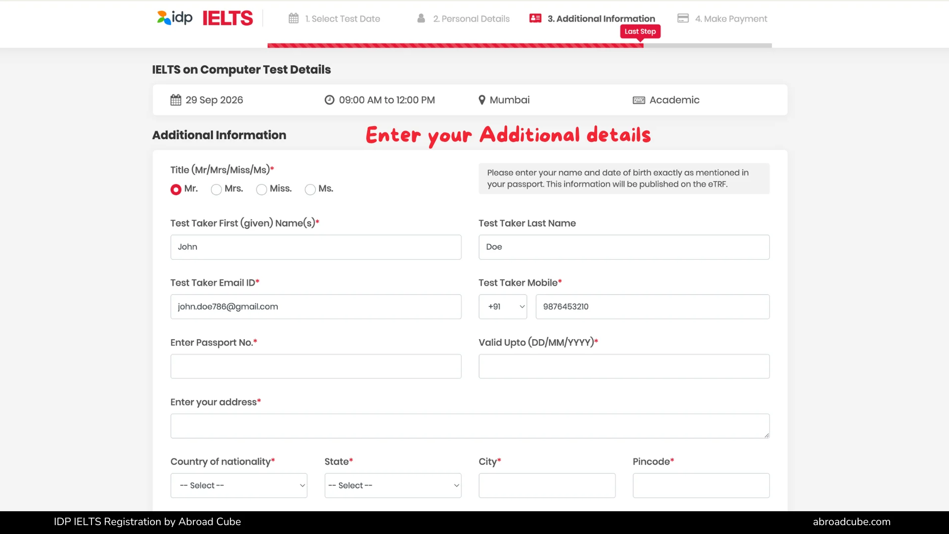 IDP IELTS additional candidate information form with contact and address details