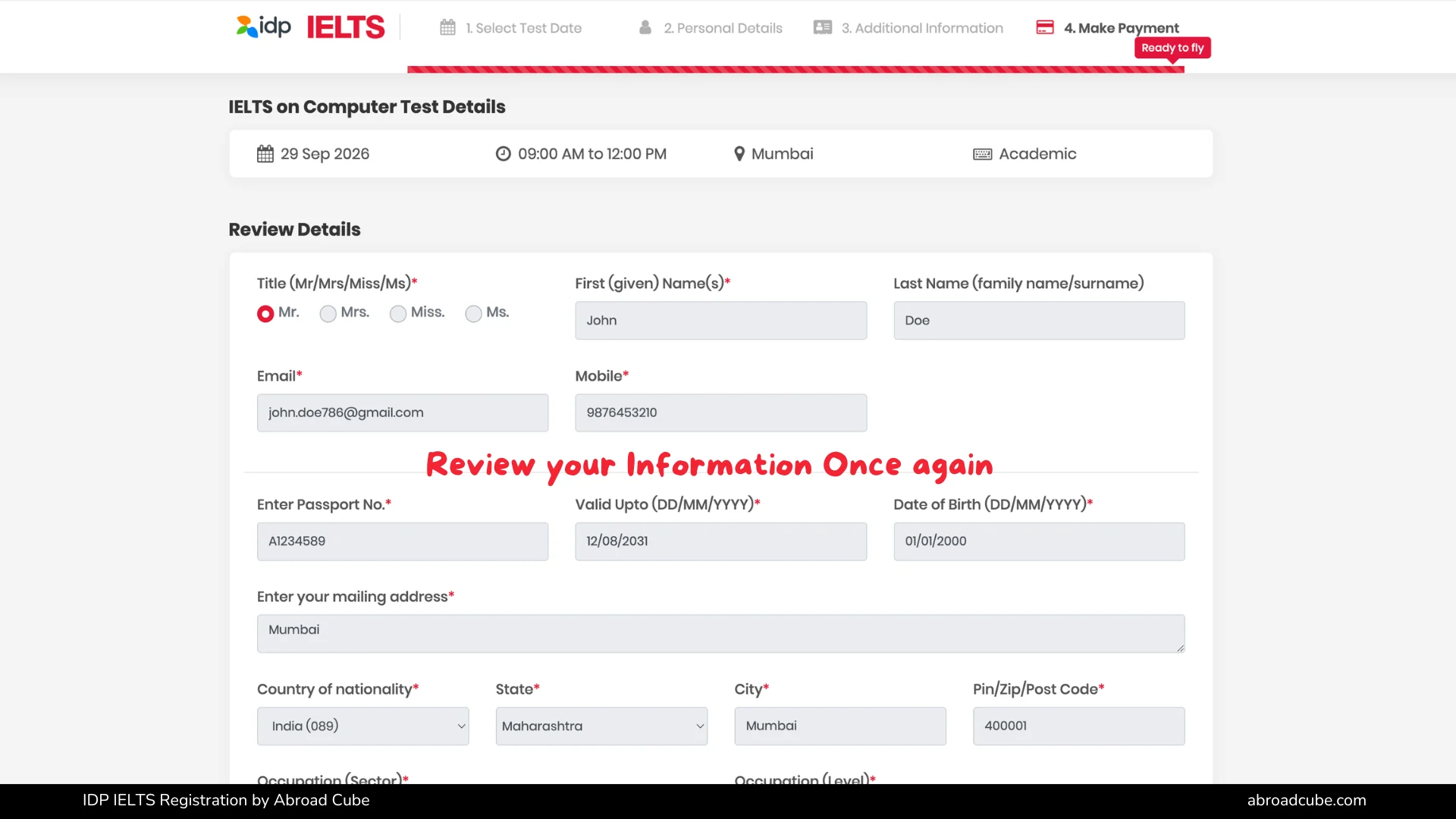 IDP IELTS registration summary page for reviewing entered candidate and test details
