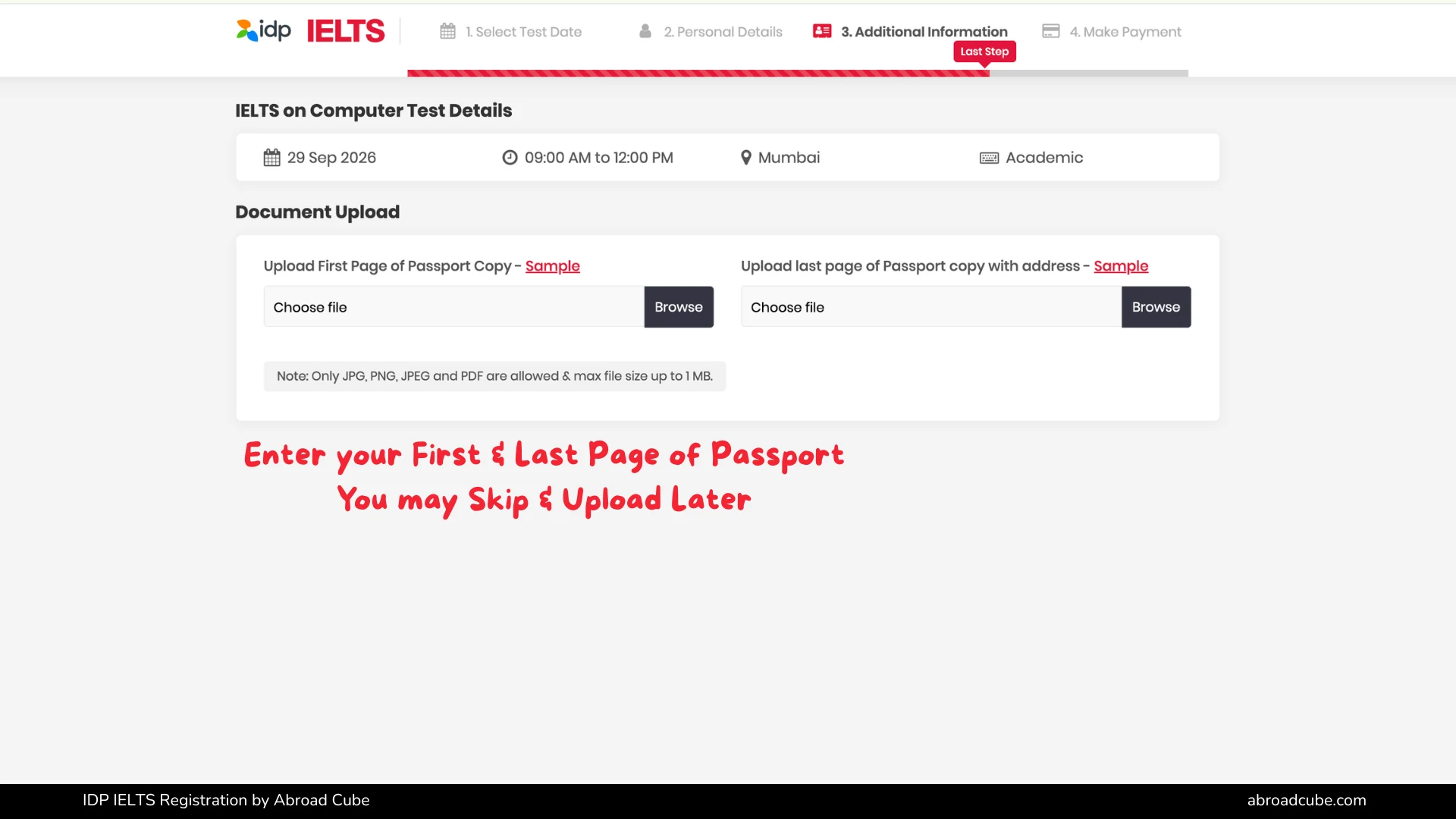 Optional passport upload screen on the IDP IELTS registration portal
