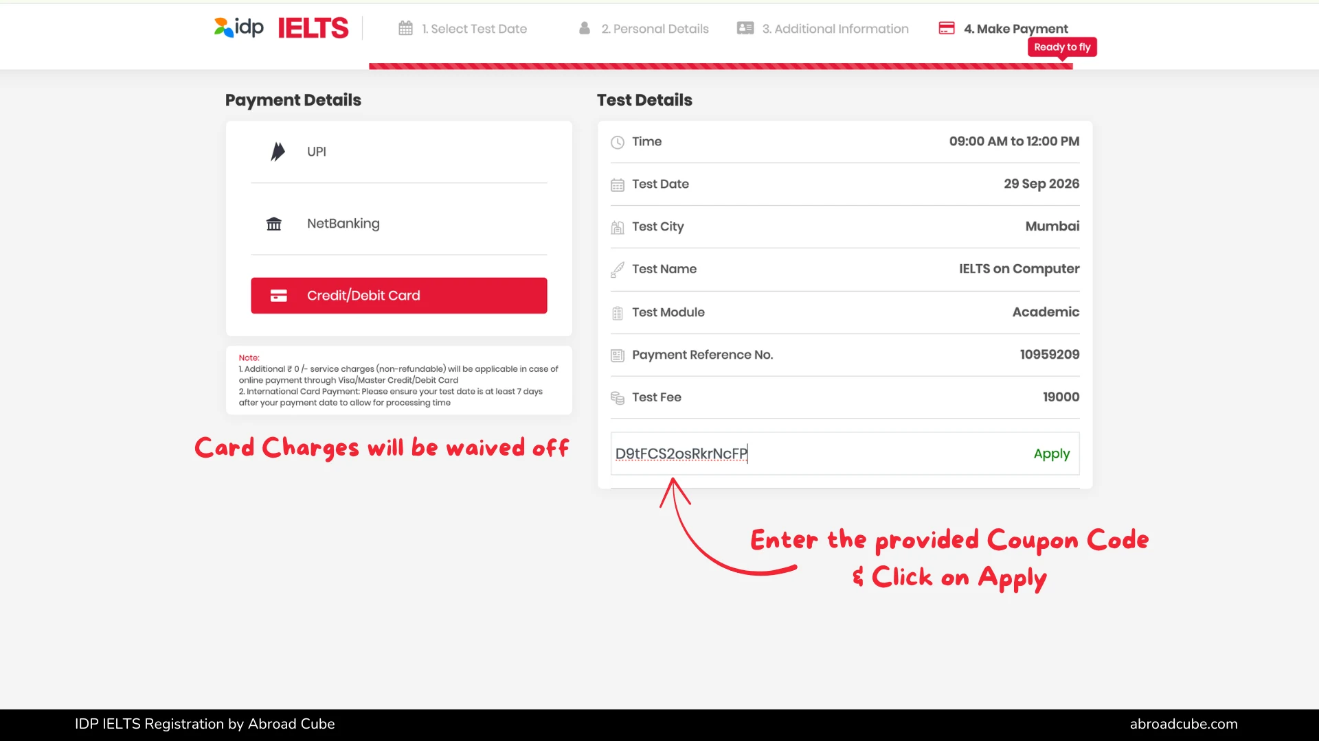 IDP IELTS payment page with Coupon Code field for entering the Abroad Cube voucher code