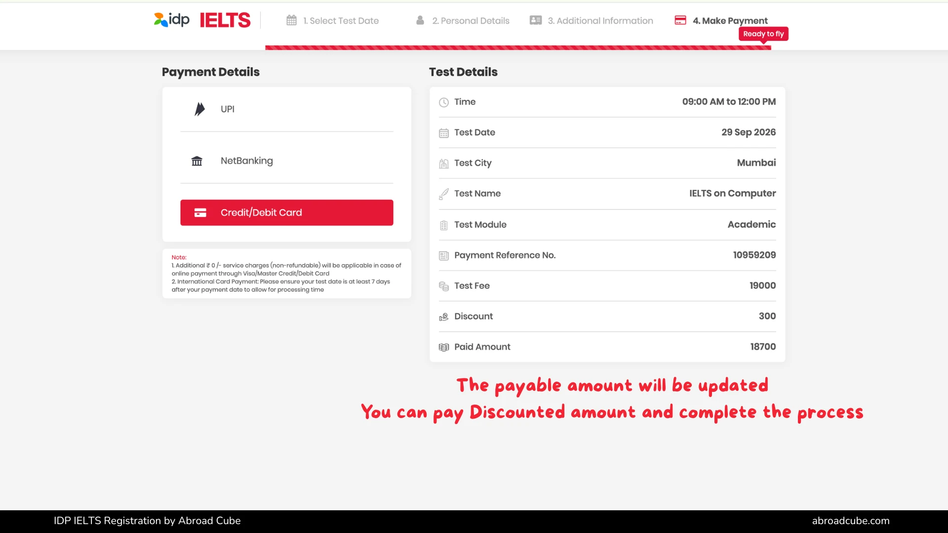 IDP IELTS payment confirmation showing discounted exam fee after voucher code applied and card processing fee waived